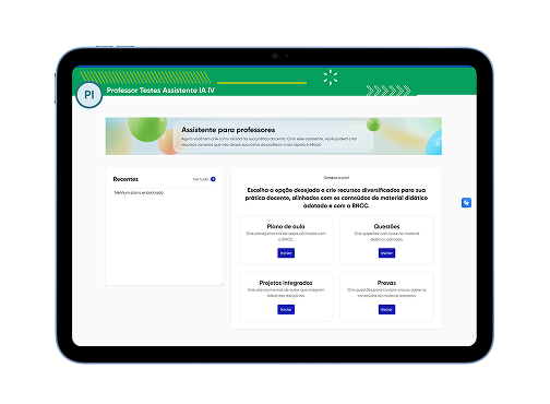 Tela do Assistente de IA para professores do SFB exibida em tablet com opções para criação de plano de aula, questões, provas e projetos