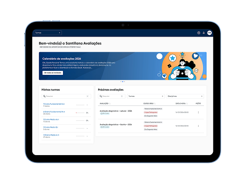 Tela da Plataforma de Avaliações SFB exibida em tablet com calendário e painel de avaliações