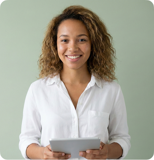 Profissional sorrindo com tablet — entre em contato com o Sistema Farias Brito
