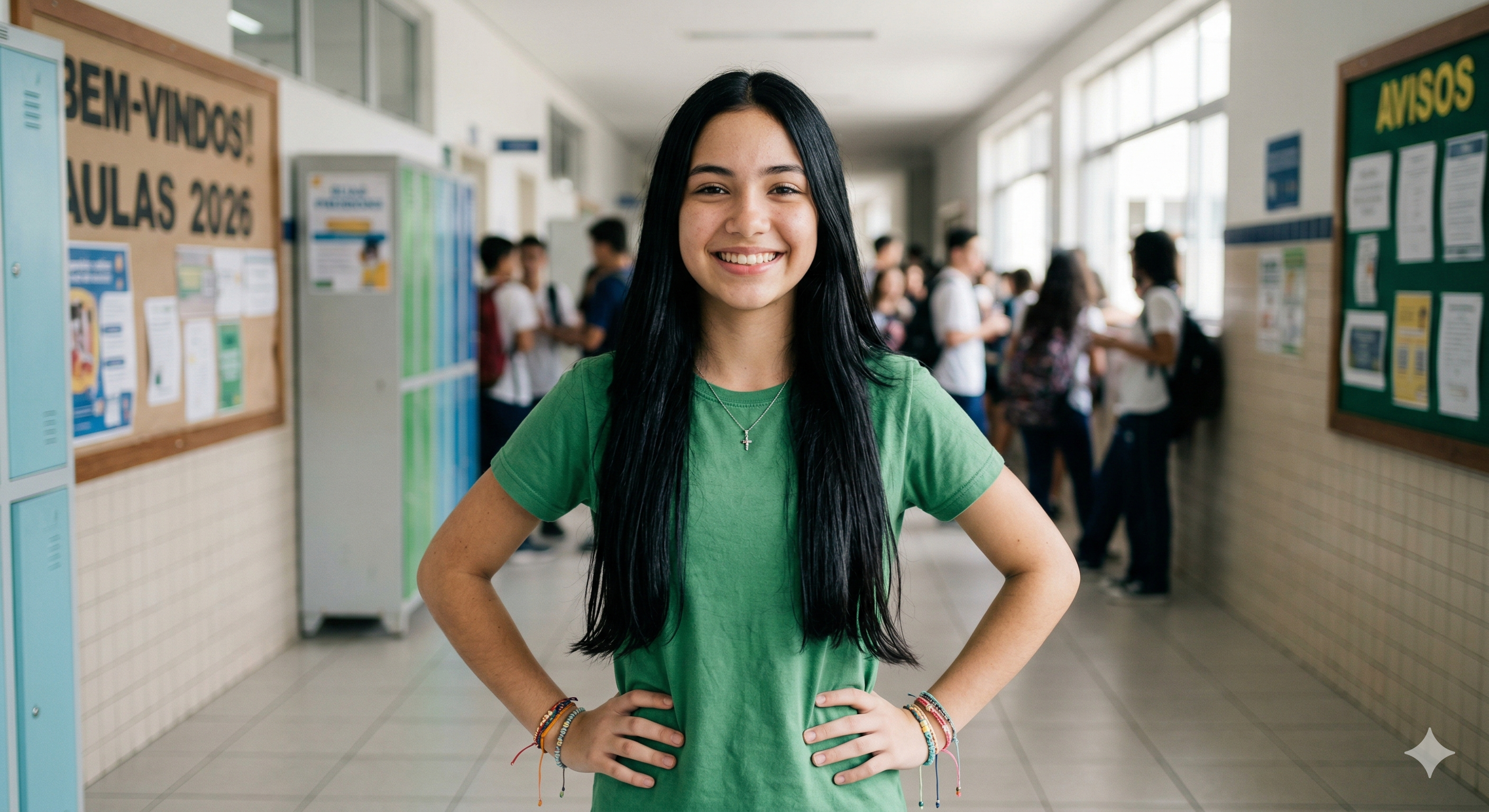 Estudante sorrindo em corredor escolar na seção Quem Somos do Sistema Farias Brito
