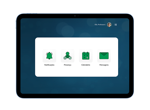 Tela do Integragenda exibida em tablet com recursos de notificações, presença, calendário e mensagens