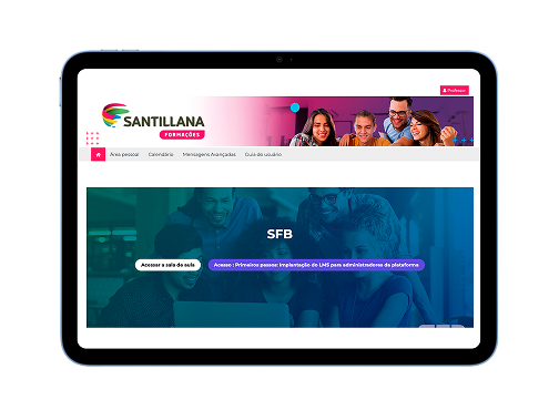 Tela da Plataforma de Formações SFB exibida em tablet com ambiente de cursos online para professores